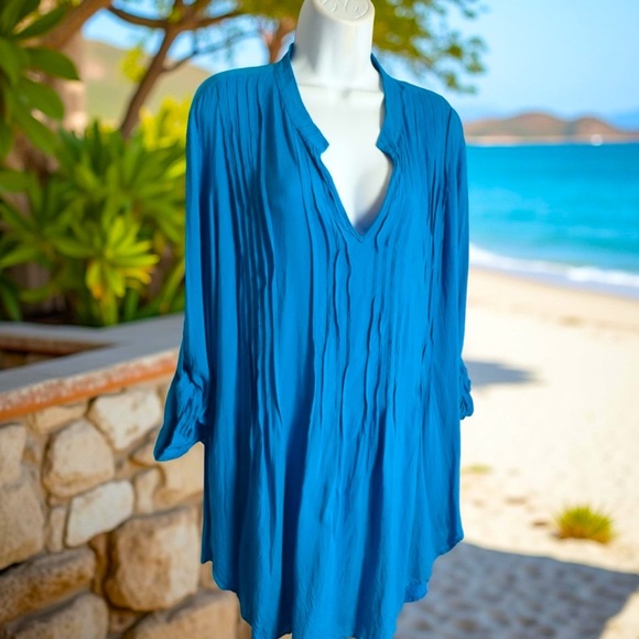 Market & Spruce Blue Tunic Top Roll Up Sleeves Size L - Picture 1 of 6